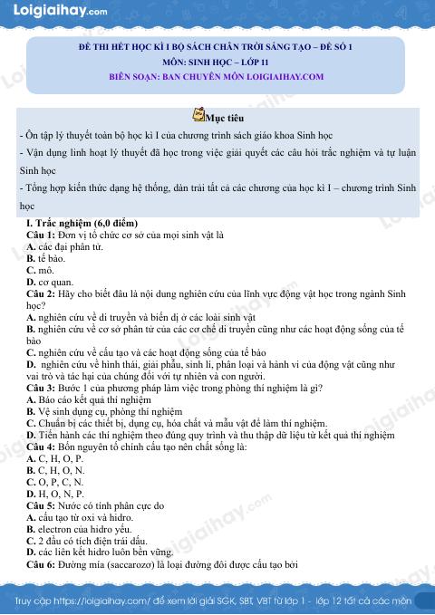 Đề thi học kì 1 Sinh 11 Chân trời sáng tạo - Đề số 1